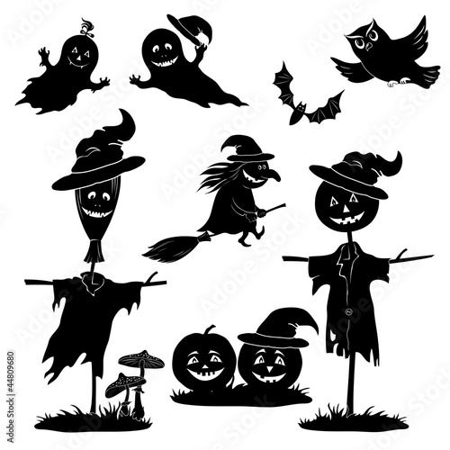 Halloween cartoon, set black silhouette
