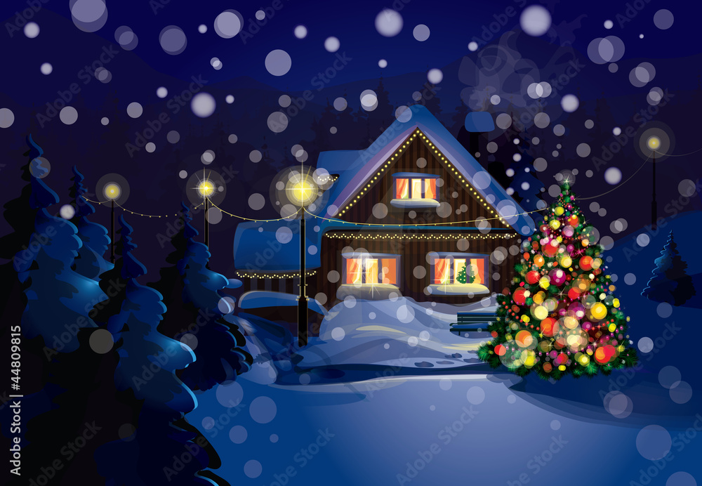Vector of Christmas scene, snowfall is in separated layer.