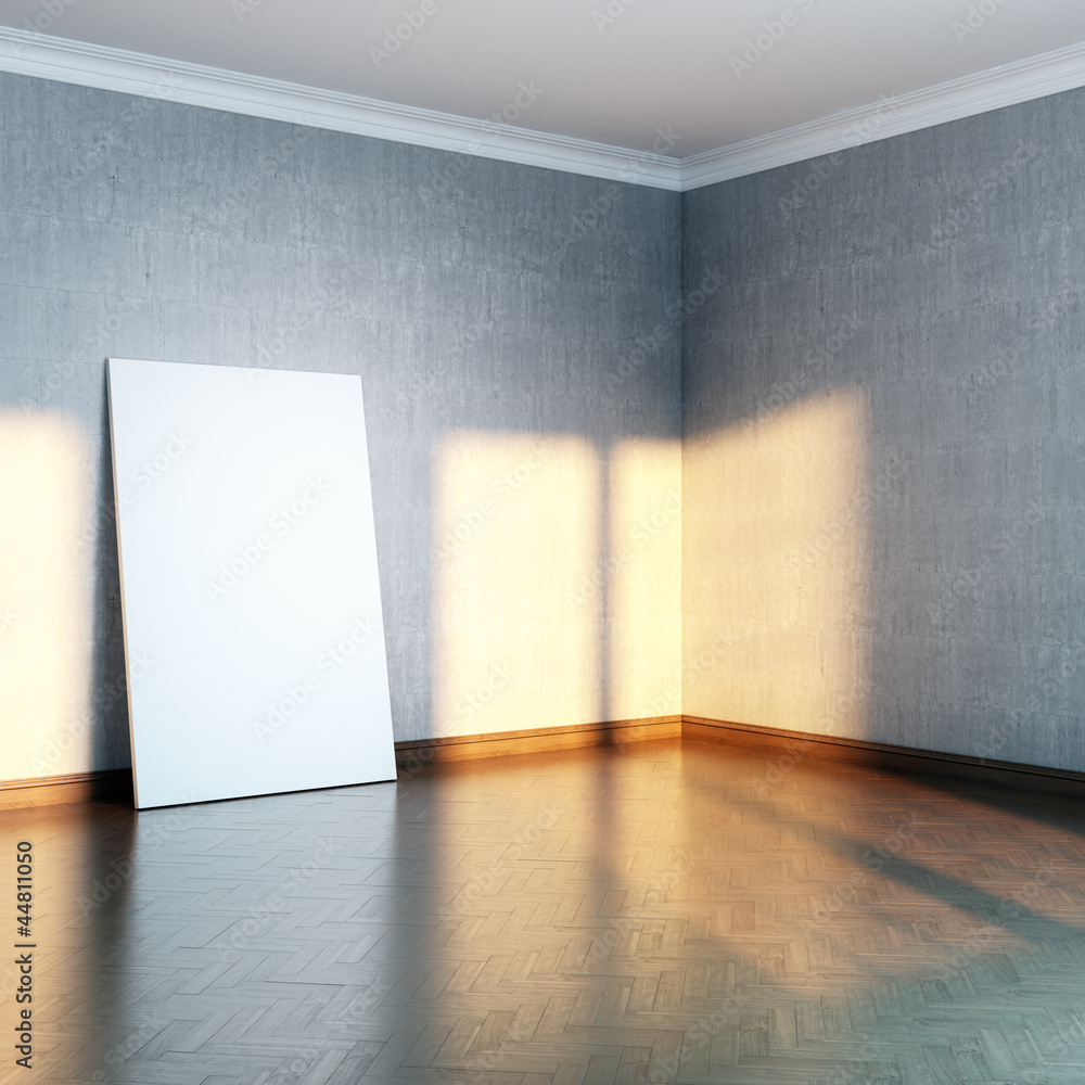 grey gallery room with blank frame on parquet floor grey gallery room with blank frame on parquet floor