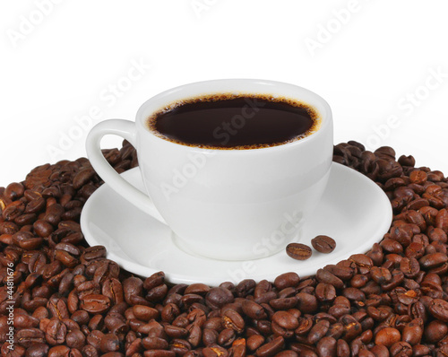 cup of coffee with coffee bean as background
