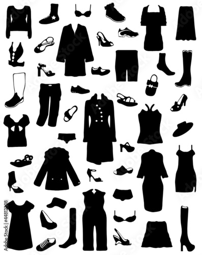 Collection of silhouettes of clothes and footwear