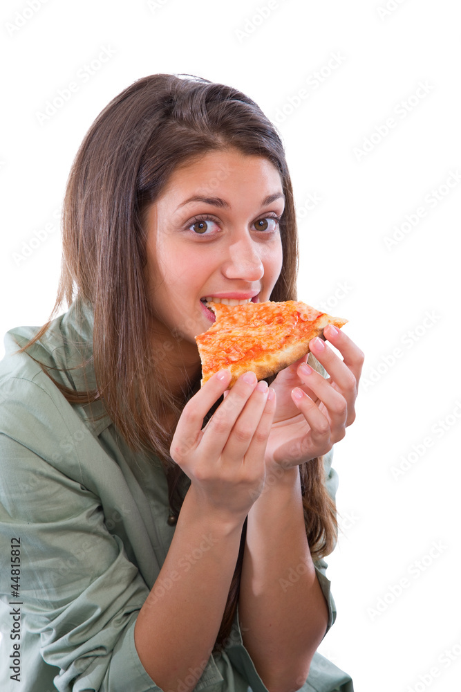 teenage girl eating pizza