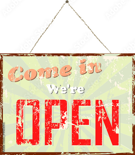 vintage we're open sign hanging, isolated on white background