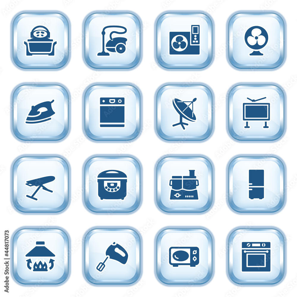 Home appliances web icons on glossy buttons. Set 1.