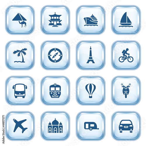Travel web icons on glossy buttons.