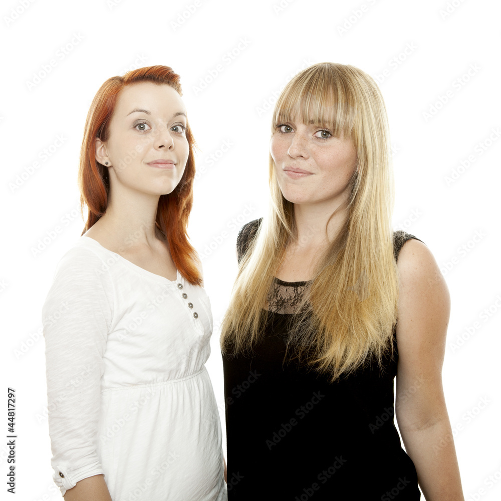 young beautiful red and blond haired girls stand together young beautiful red and blond haired girls stand together