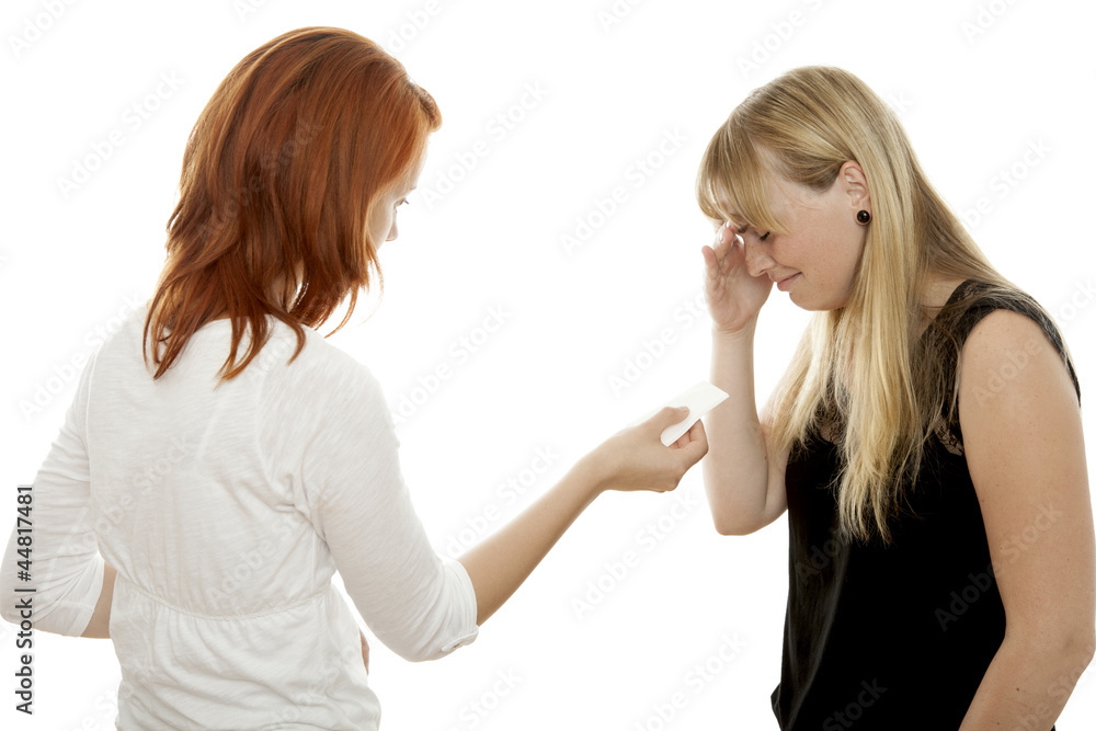 young beautiful red and blond haired girls try to calm while cry young beautiful red and blond haired girls try to calm while cry