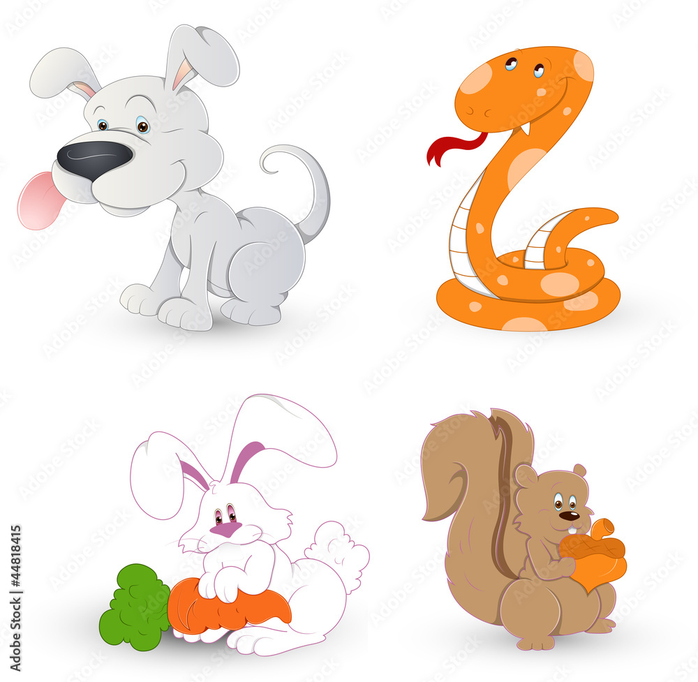 Fototapeta premium Cartoon Dog Rabbit Snake and Squirrel Vectors