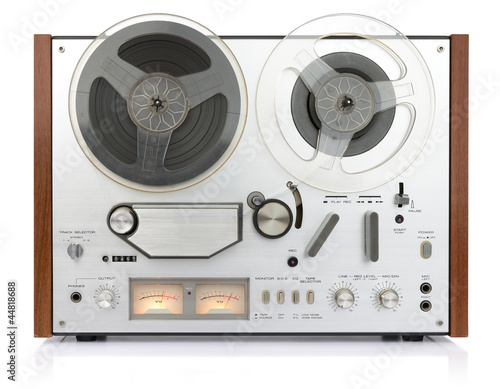 Fototapet vintage analog recorder reel to reel on white background