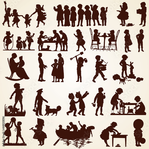 Children silhouettes, children doing different things playing