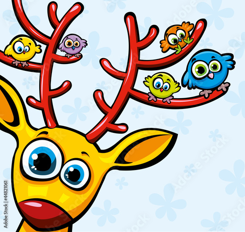 Funny yellow deer and colored birds