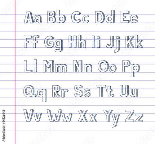 A hand drawn alphabet on lined paper