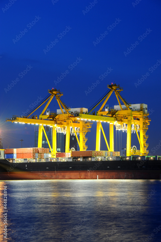 Container Cargo freight ship with working crane bridge in shipya