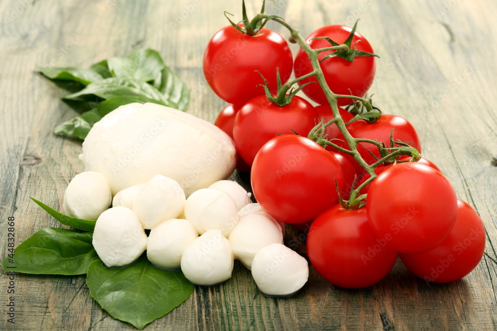 Tomato, mozzarella and basil. Tomato, mozzarella and basil.