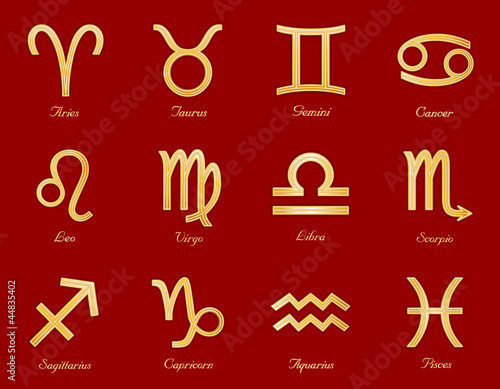 Zodiac Sun Signs, gold astrology symbols, horoscope, labels