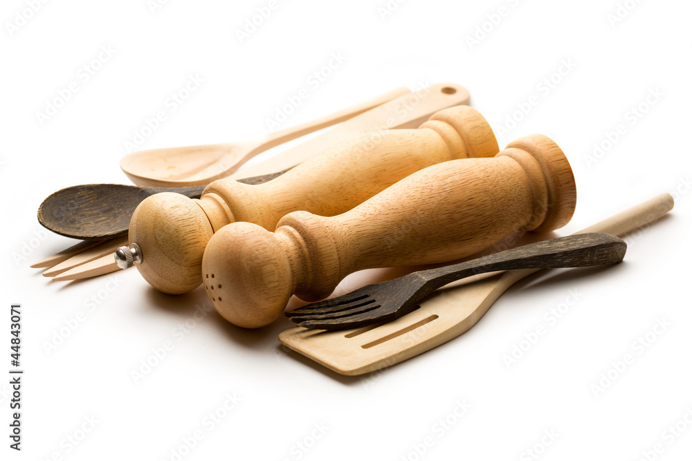 Wooden salt and pepper set with kitchen utensils Wooden salt and pepper set with kitchen utensils