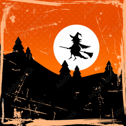 Halloween Card Flying Witch & Full Moon Retro