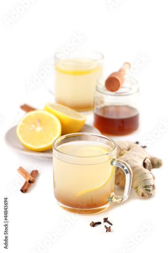 Ginger tea with honey, lemon, cinnamon and cloves