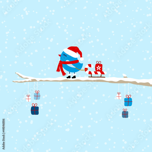 Blue Bird Pulling Candy Cane Sleigh With Gift On Tree Blue