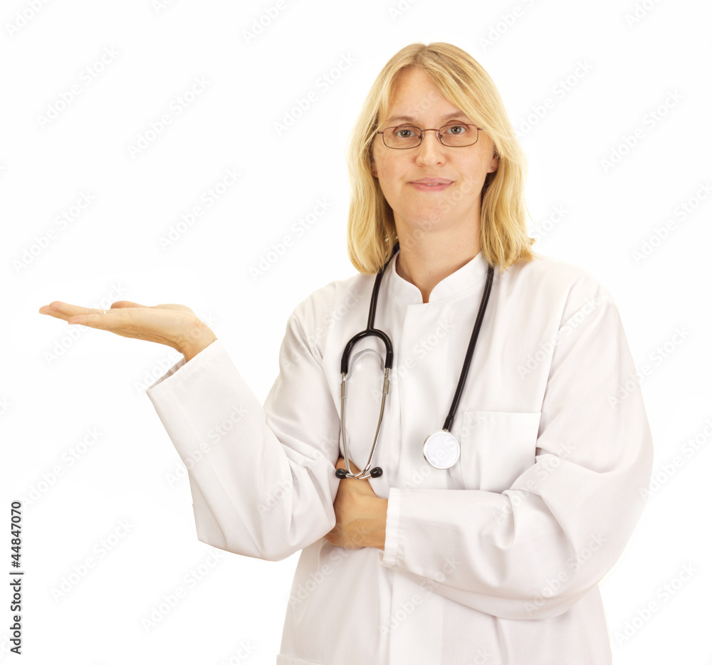 Doctor showing, giving or presenting something Doctor showing, giving or presenting something