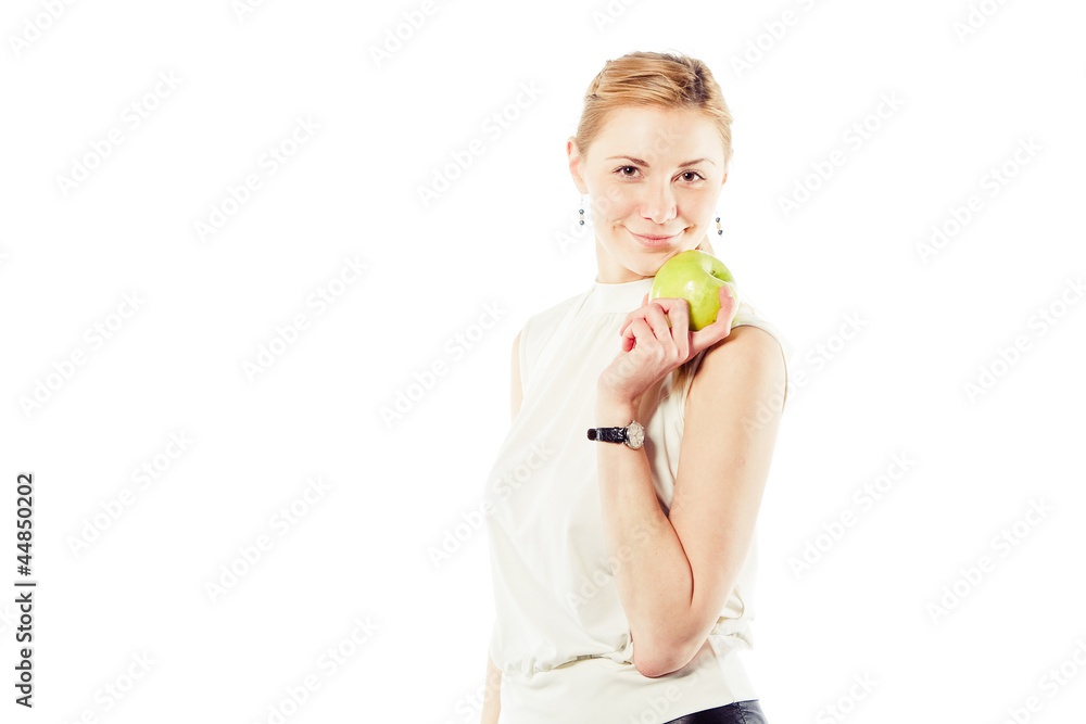 Smiling business woman with green apple Smiling business woman with green apple