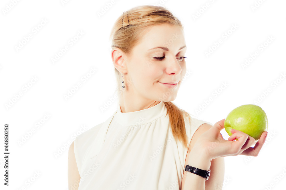 Smiling business woman with green apple Smiling business woman with green apple
