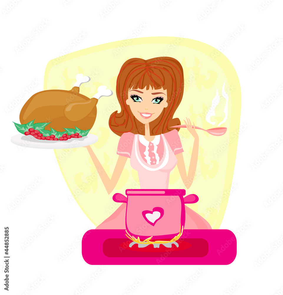 Beautiful lady cooking soup and serving chicken