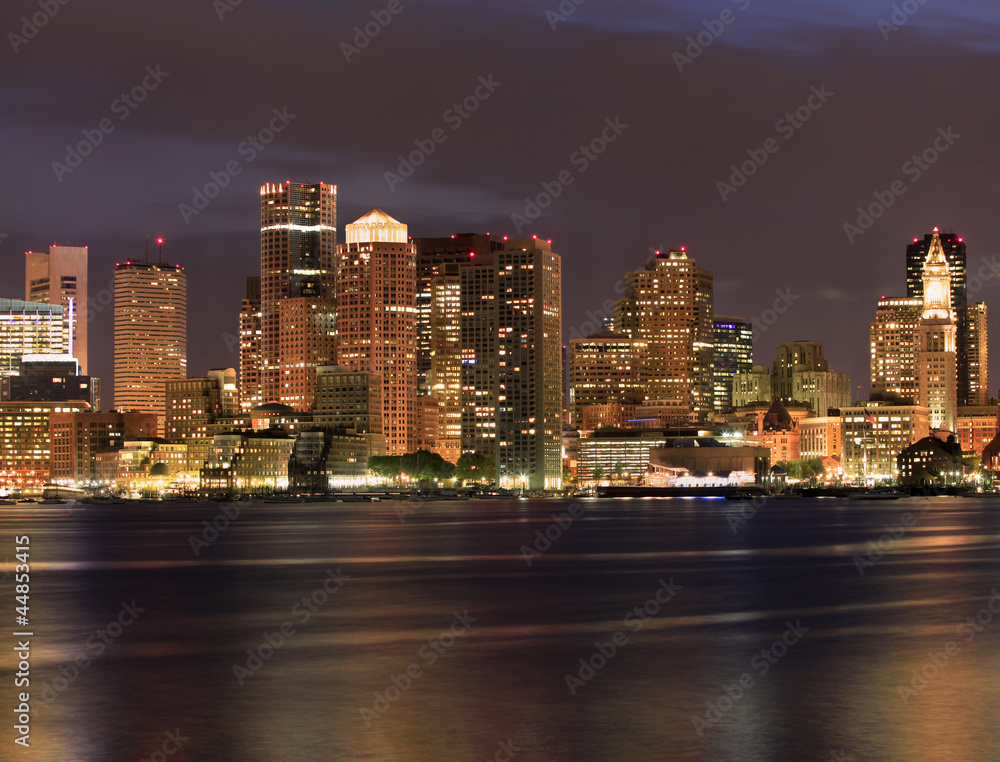 Fototapeta premium Boston skyline and Inner Harbor at night, USA