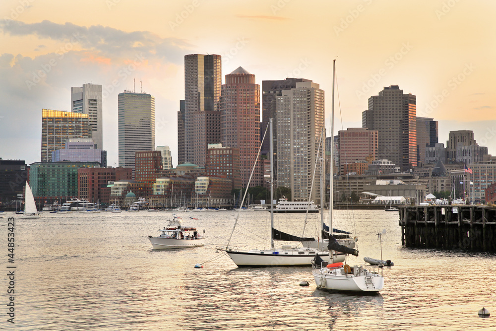 Boston skyline and Inner Harbor at sunset, USA