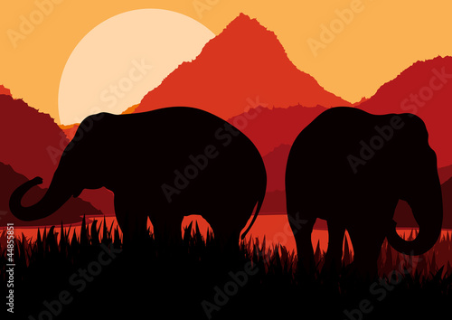 Elephant family in wild Africa mountain nature vector © kstudija