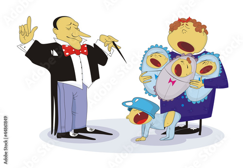 Family concert. Father, mother and a lot of crying babies 