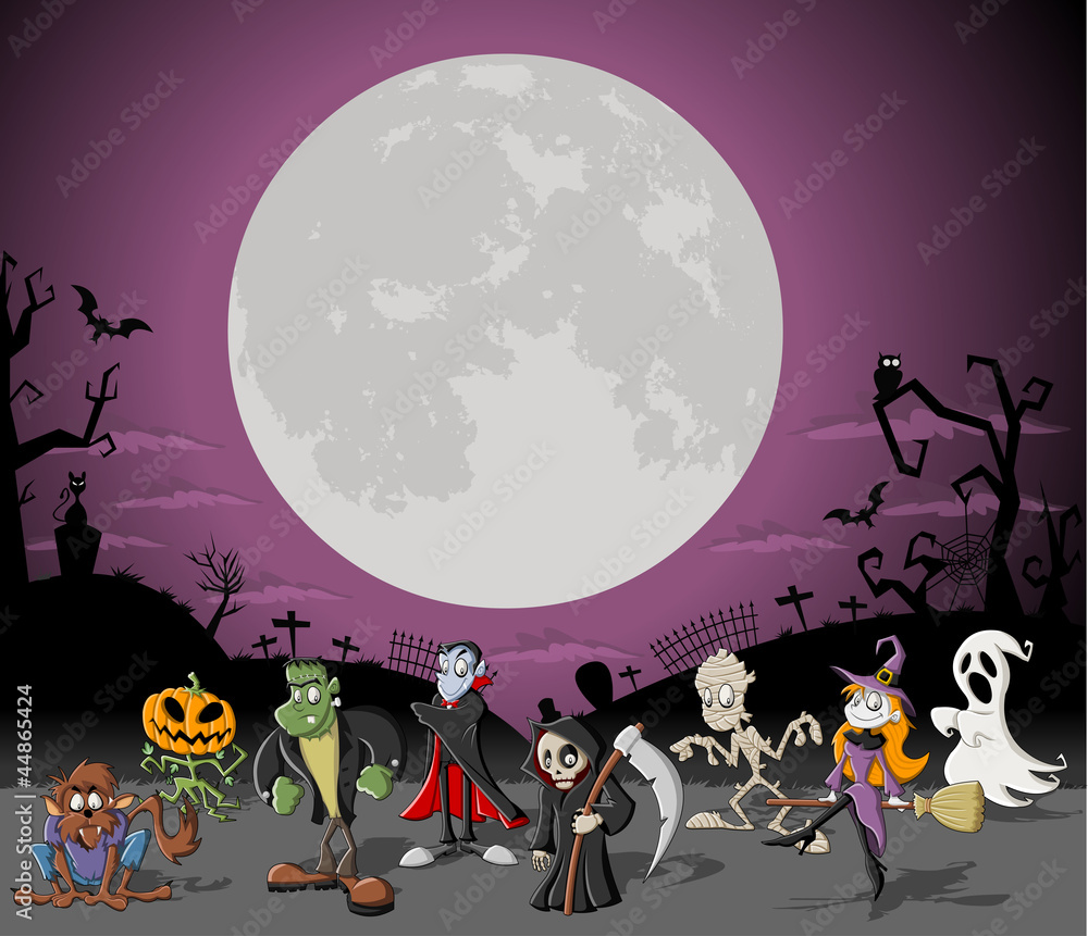 Obraz premium Halloween cemetery with full moon and monster characters