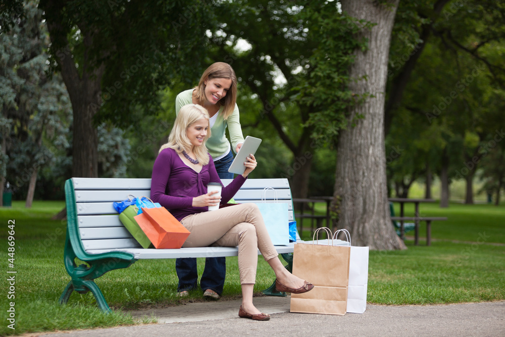 Women With Shopping Bags Using Tablet PC At Park Women With Shopping Bags Using Tablet PC At Park