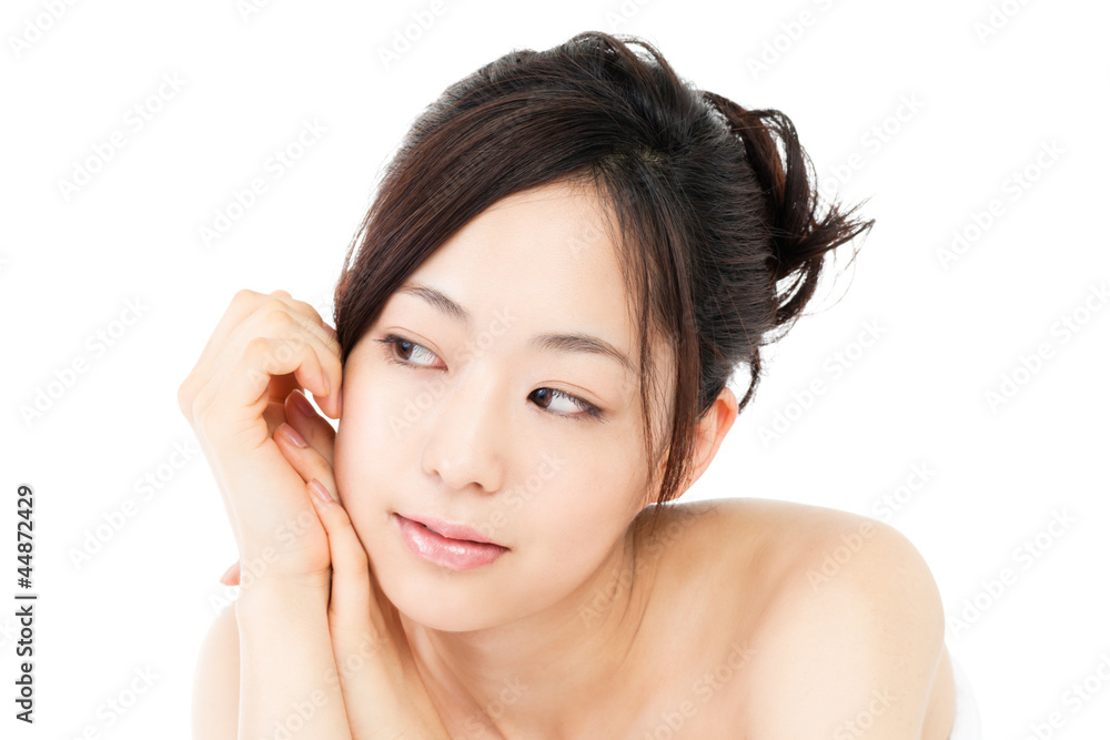 Beautiful young woman on white background. Portrait of asian.