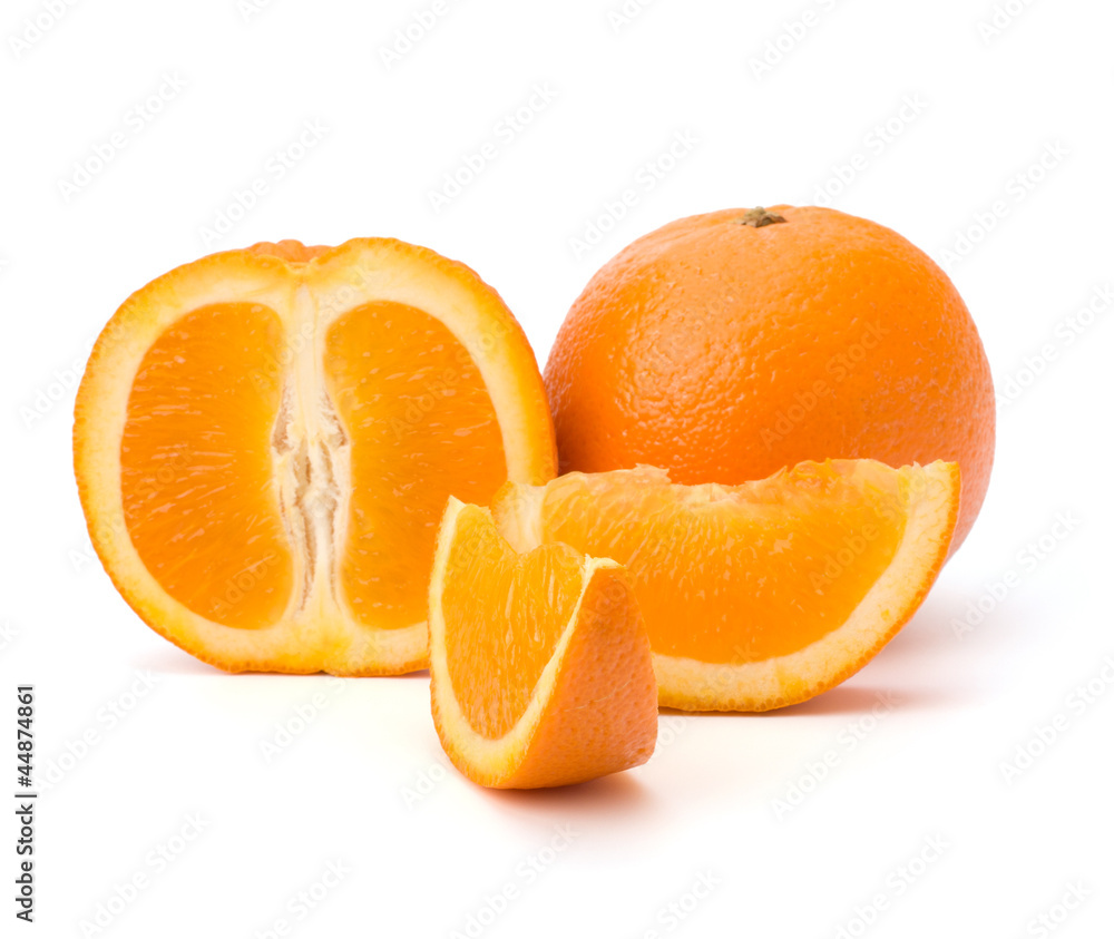 Sliced orange fruit segments isolated on white background Sliced orange fruit segments isolated on white background
