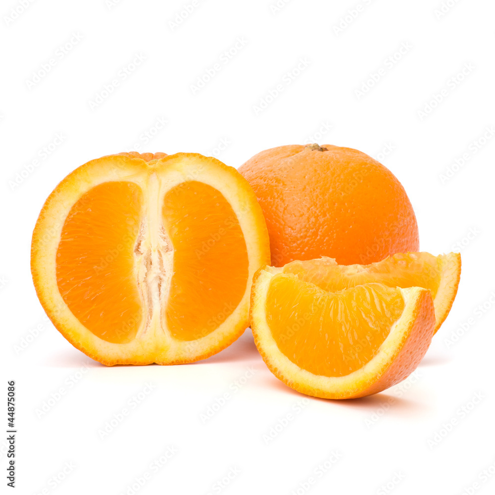 Sliced orange fruit segments isolated on white background Sliced orange fruit segments isolated on white background