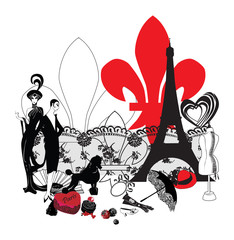 Papier peint photo Rouge, noir, blanc Symboles miniatures de Paris  © roman4