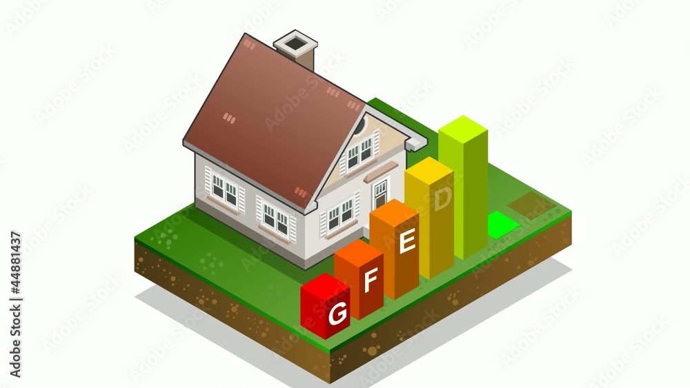 Isometric house with seven energy class bars Isometric house with seven energy class bars