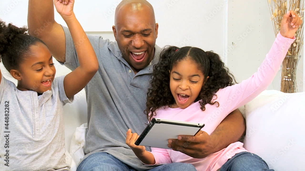 African American Father Children Home Wireless Technology African American Father Children Home Wireless Technology
