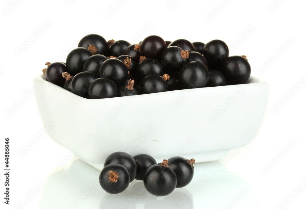 Fresh black currant in white bowl isolated on white Fresh black currant in white bowl isolated on white