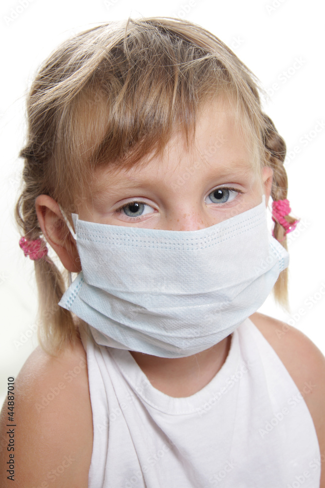 young child girl in medical mask isolated over white