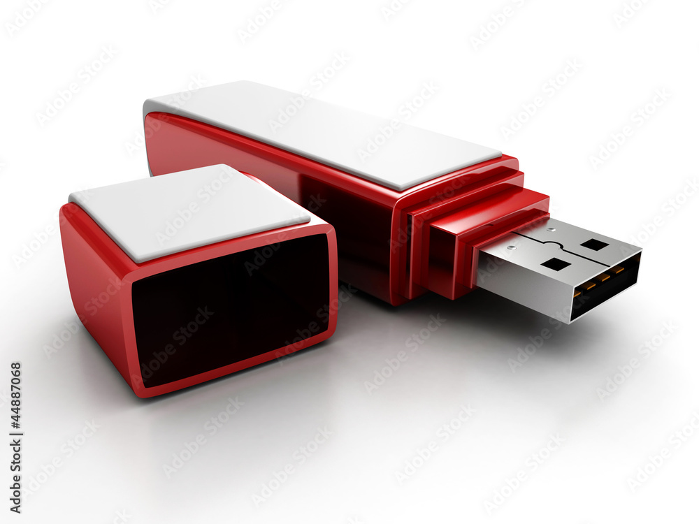Red stylish USB flash drive on white background Red stylish USB flash drive on white background