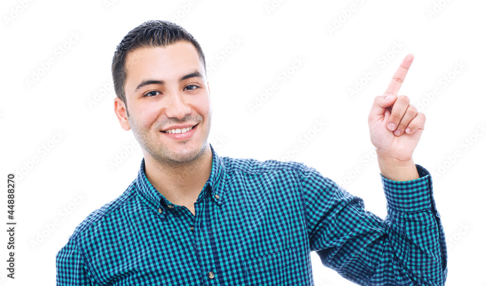 Businessman with finger pointing up, isolated Businessman with finger pointing up, isolated