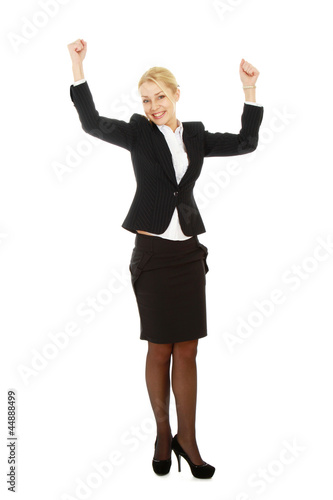 Business woman shows something, hands up