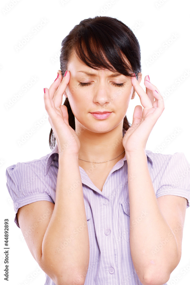 Woman holds head with pain , isolated on white background Woman holds head with pain , isolated on white background