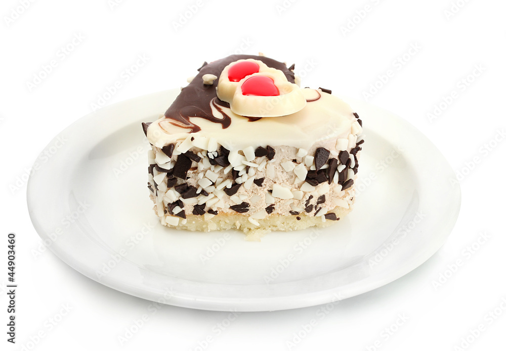 sweet cake with chocolate on plate isolated on white sweet cake with chocolate on plate isolated on white