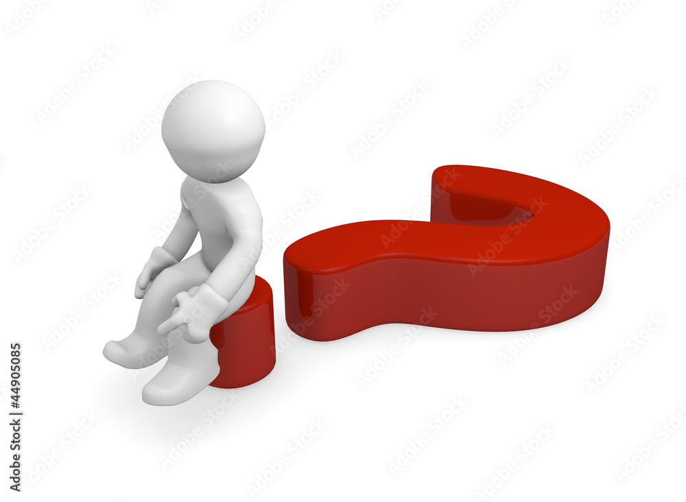 3d man sitting on a red question mark Stock Illustration | Adobe Stock