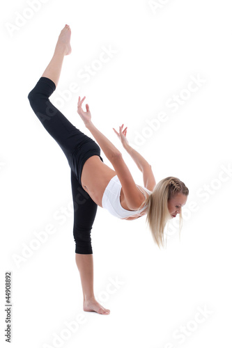 young woman stand on split isolated