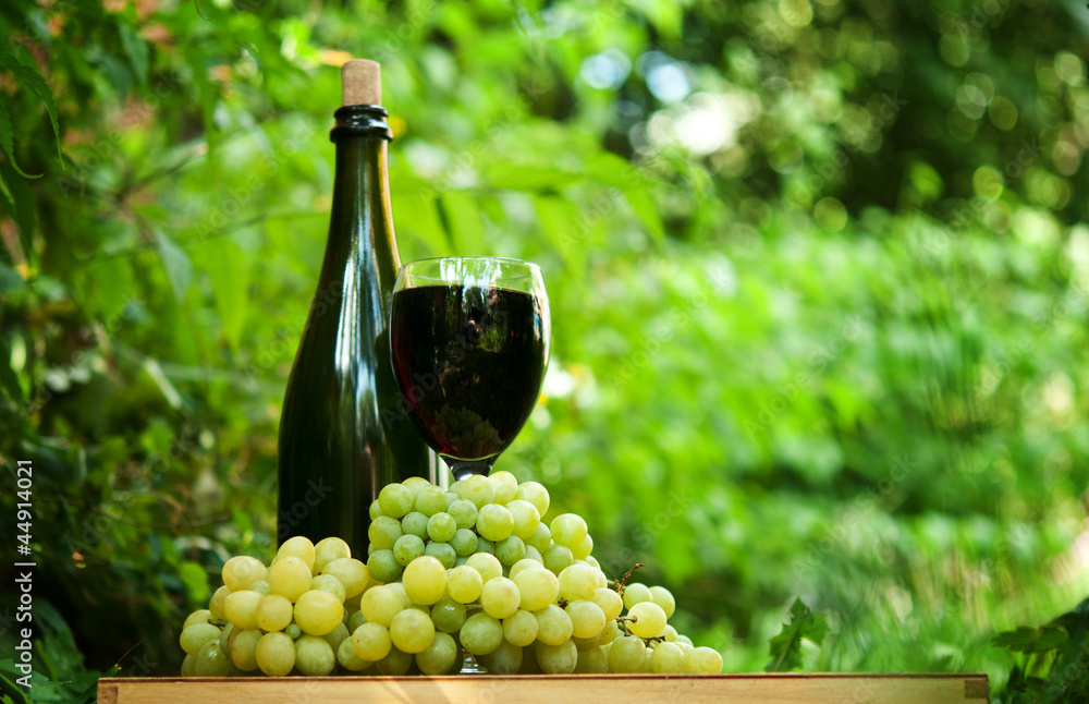 bottle of wine and fresh green grapes
