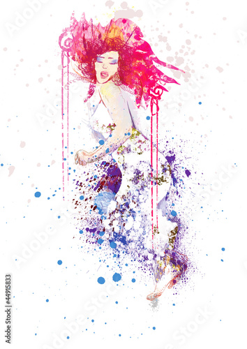 woman in summer dress (drawing, isolated on white)